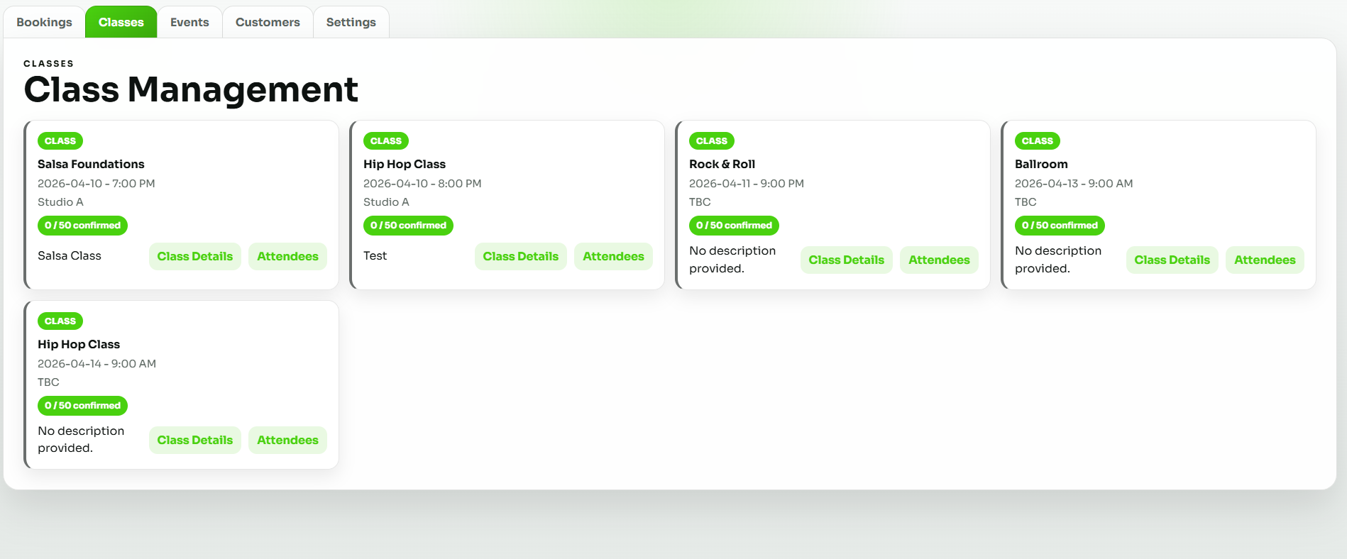 Back-end class management dashboard