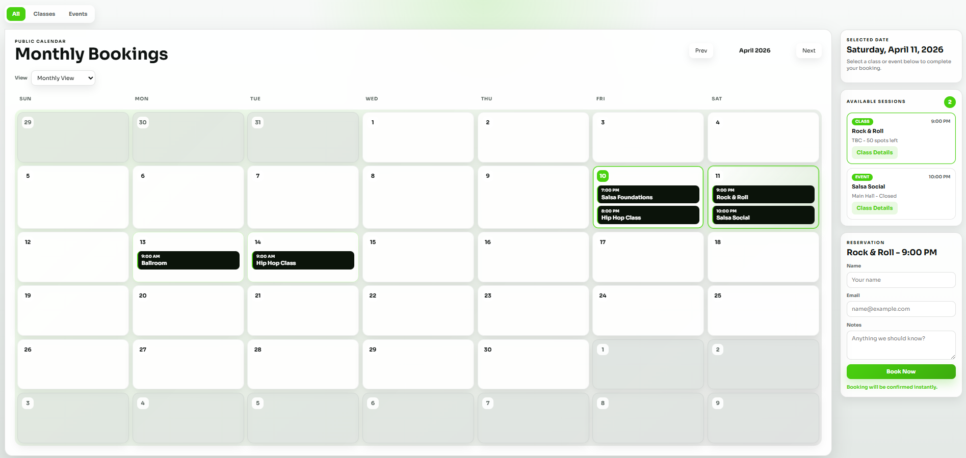 Front-end booking calendar view